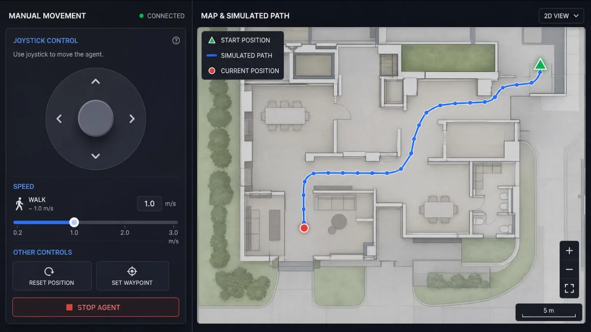 Joystick movement panel with a speed slider set to walking pace and a map showing the simulated path.