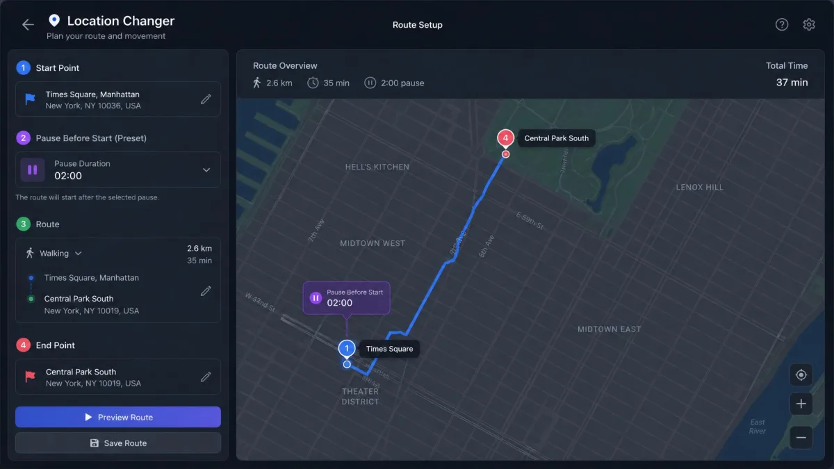 Location changer route setup screen with start and end points on the map and a pause preset before the route begins.