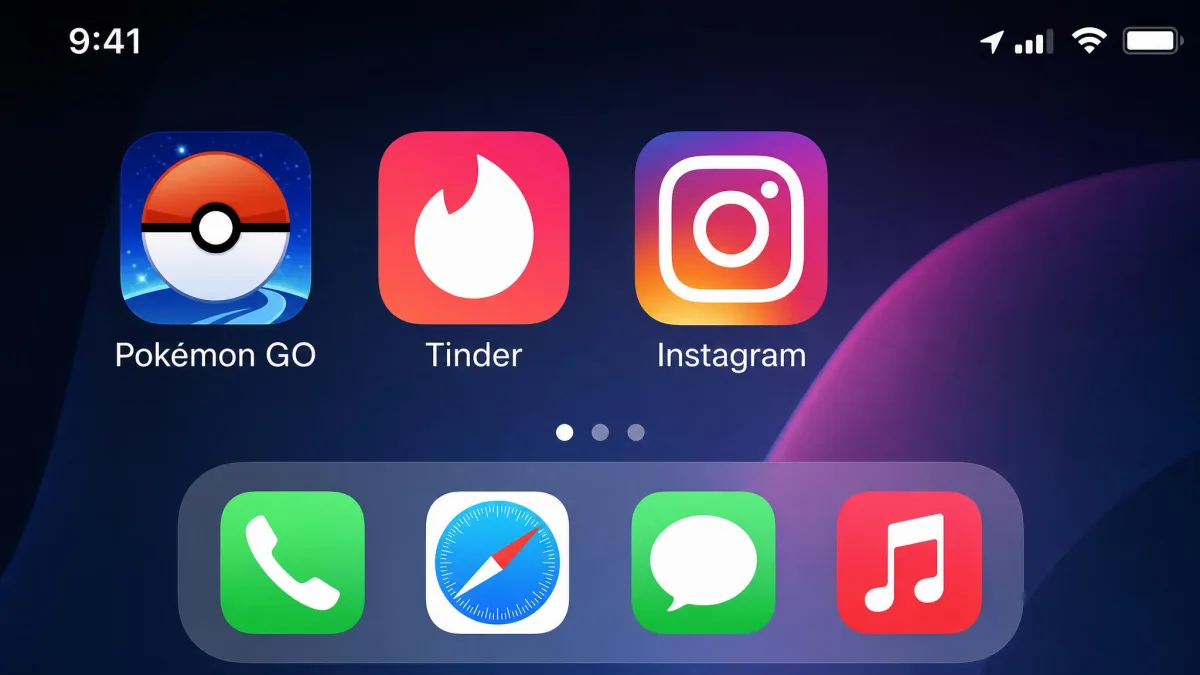 Smartphone home screen with Pokemon GO, Tinder, and Instagram icons, the apps a GPS spoofer works with.