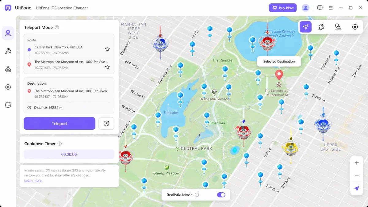 UltFone map with nearby Pokestops and Gyms marked and a teleport target selected.
