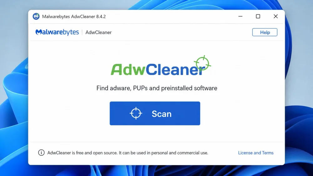 The Malwarebytes AdwCleaner main window on Windows 11, showing the large blue Scan button and the clean single-panel layout before any scan has run.
