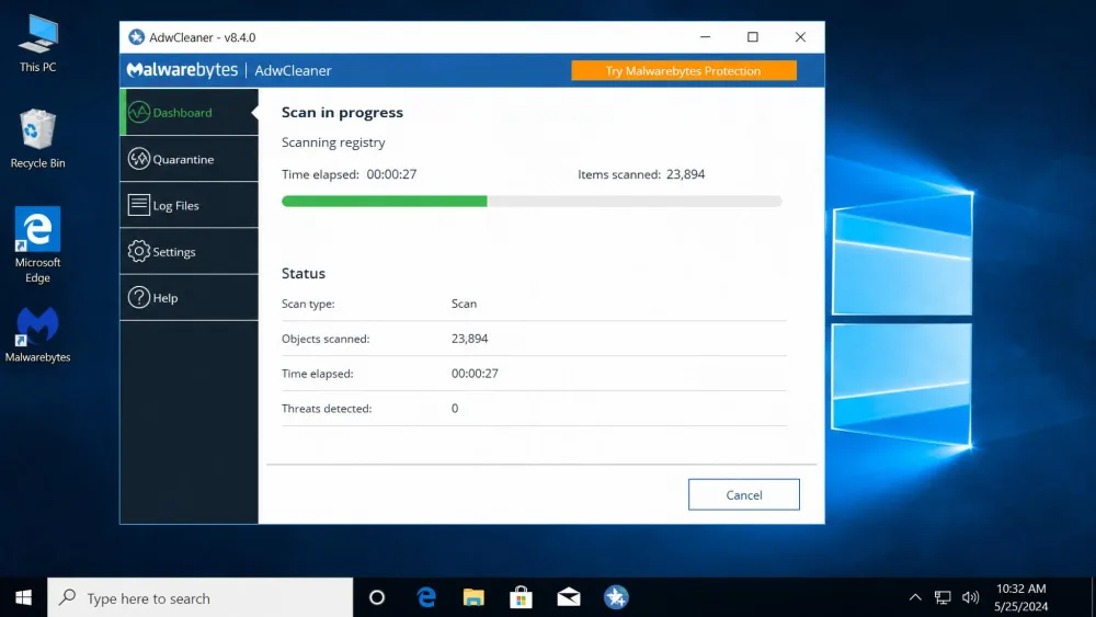 An AdwCleaner scan in progress on Windows 10, with the progress bar partway across and the elapsed timer showing the scan running in under a minute.
