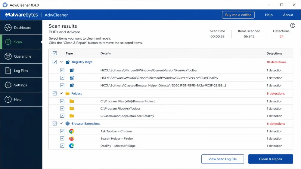 The AdwCleaner results screen after a scan, listing detected items grouped by category such as registry keys, folders, and browser extensions, each with a checkbox before the Clean & Repair step.