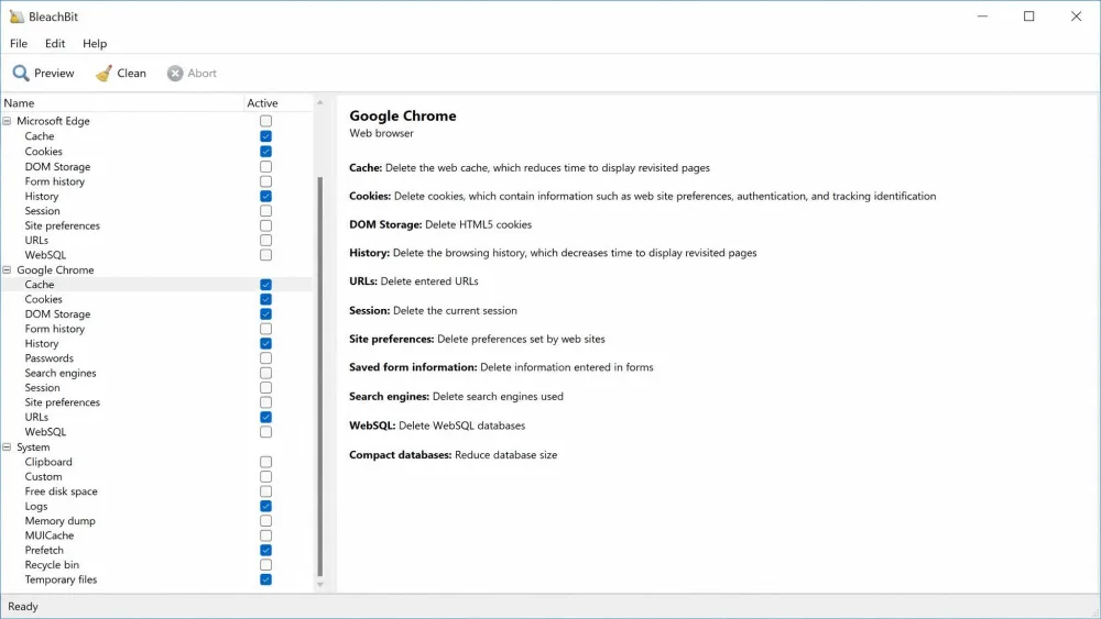 The BleachBit main window on Windows showing the left-hand cleaner checklist with browser cache, cookies, and system logs options ticked, and the Preview and Clean buttons at the top.