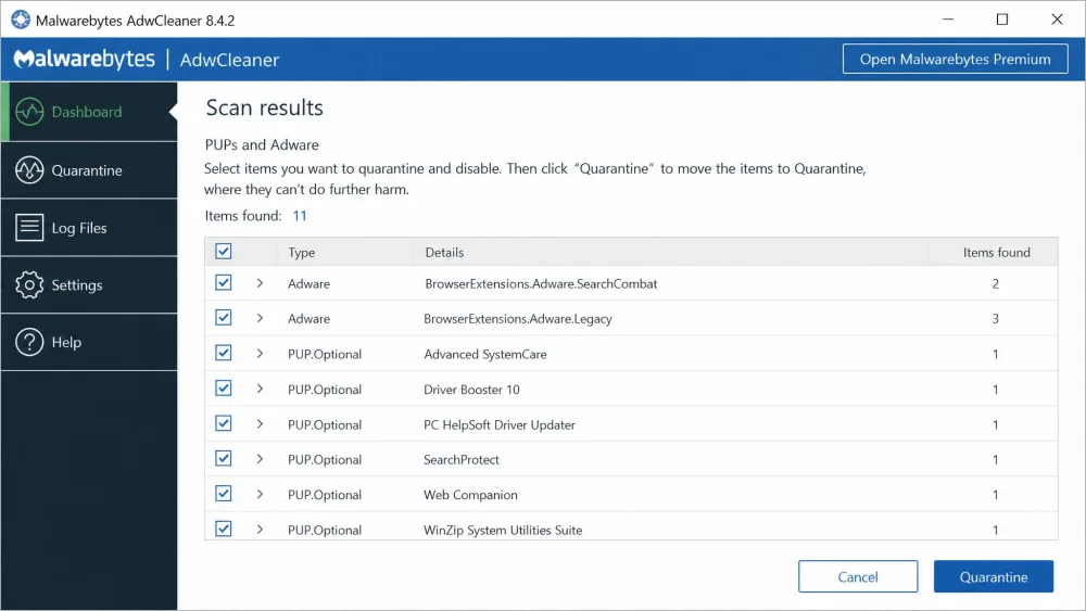 The Malwarebytes AdwCleaner scan-results screen listing detected adware and PUP entries with checkboxes and a blue Quarantine button in the lower right.