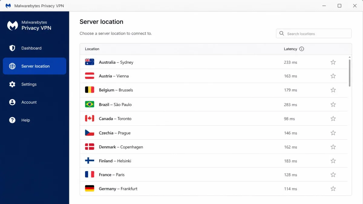 Malwarebytes Privacy VPN desktop app showing its server location list with no fastest-server or recommended-server option at the top.