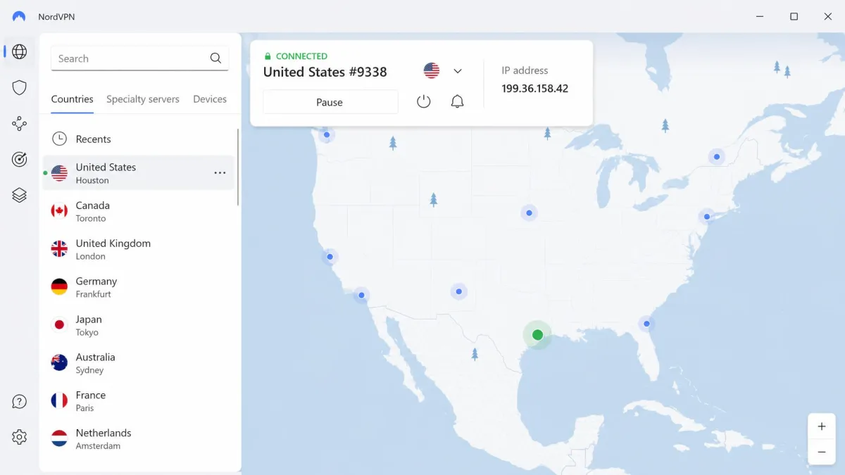 NordVPN's Windows app connected to a nearby US server, with the server list view open on the left and the connection status and IP address shown at the top.