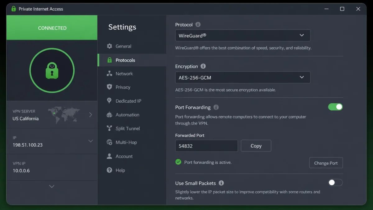 Private Internet Access desktop app with the settings panel expanded, showing protocol, encryption and port forwarding options.