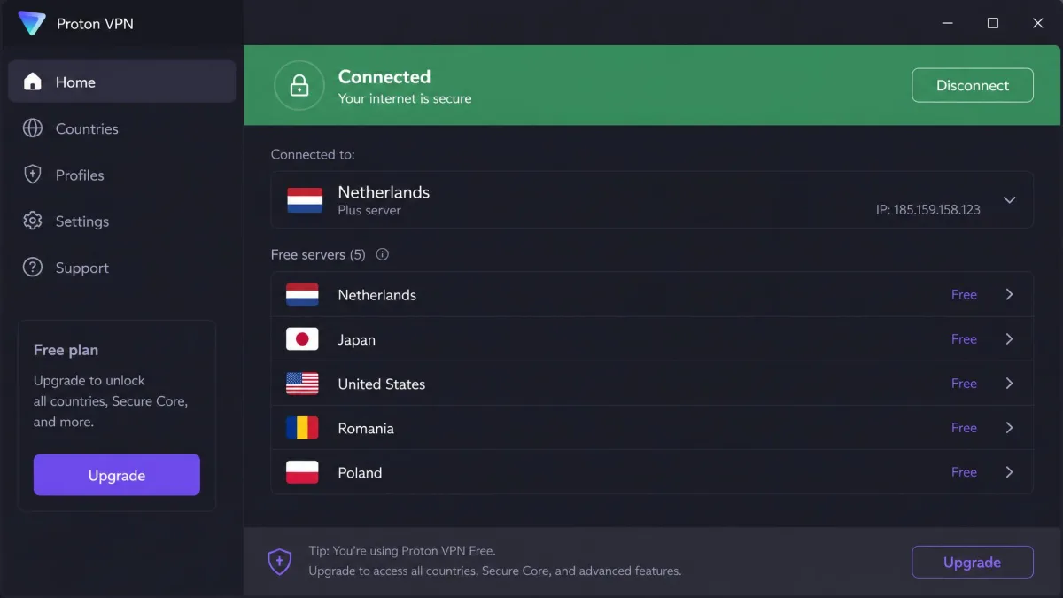 Proton VPN's desktop app on the free plan, showing the list of free server countries and a green Connected status bar.