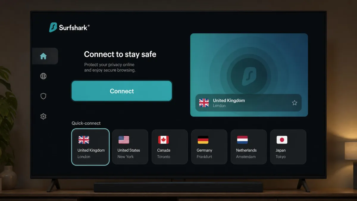Surfshark's Android TV app home screen with a large Connect button, the selected server country and the quick-connect list on a television.