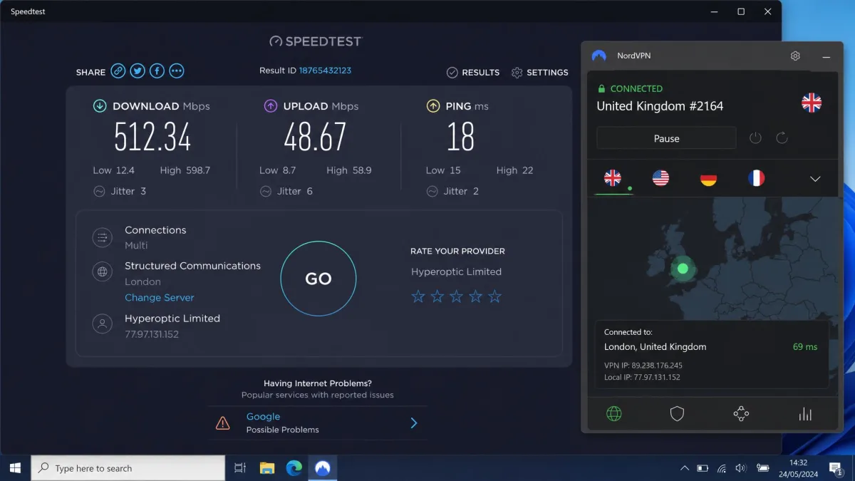 A speed test results page showing download, upload and ping figures with a VPN connected to a nearby server on a Windows laptop.