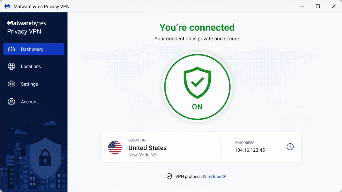 The Malwarebytes Privacy VPN desktop app connected to a US server, showing the large on/off shield button, the selected location, and the connection status in the main window.