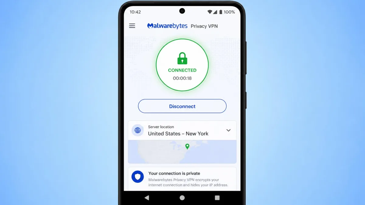 The Malwarebytes Privacy VPN Android app on a phone showing the connect button and server location picker, with a connected status indicator.