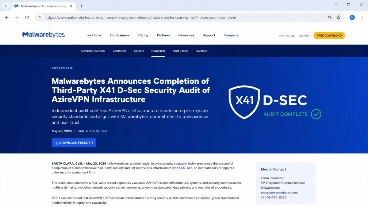 The Malwarebytes press page announcing the completed third-party X41 D-Sec security audit of AzireVPN infrastructure, open in a browser.
