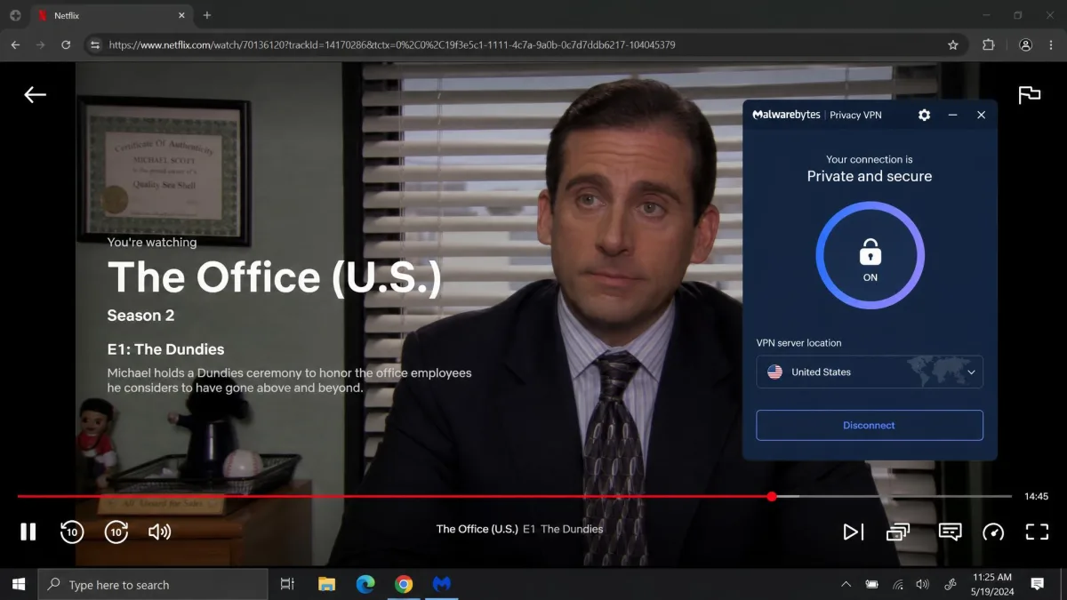 Netflix playing a US-library title in a browser while the Malwarebytes Privacy VPN app shows an active connection to a United States server.