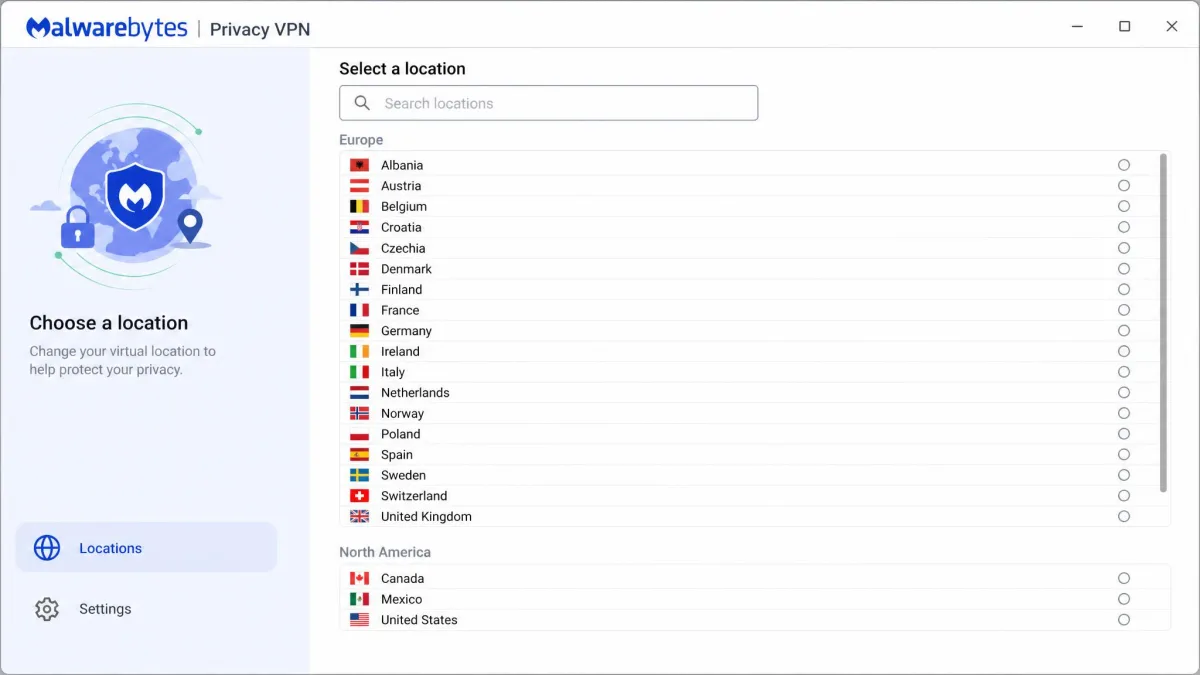 The Malwarebytes Privacy VPN location picker listing available countries in Europe and North America, with a search box at the top of the server list.