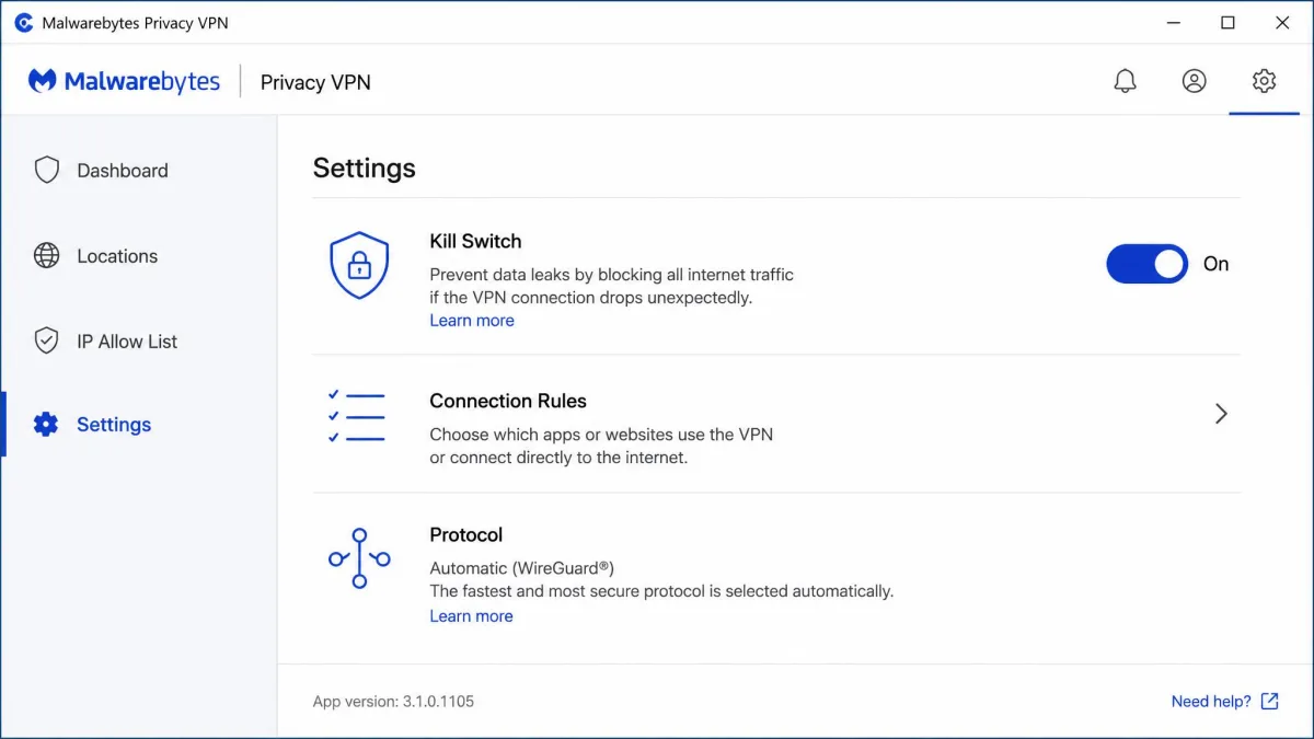 The Malwarebytes Privacy VPN settings screen on Windows showing the kill switch toggle, connection rules option, and protocol information.