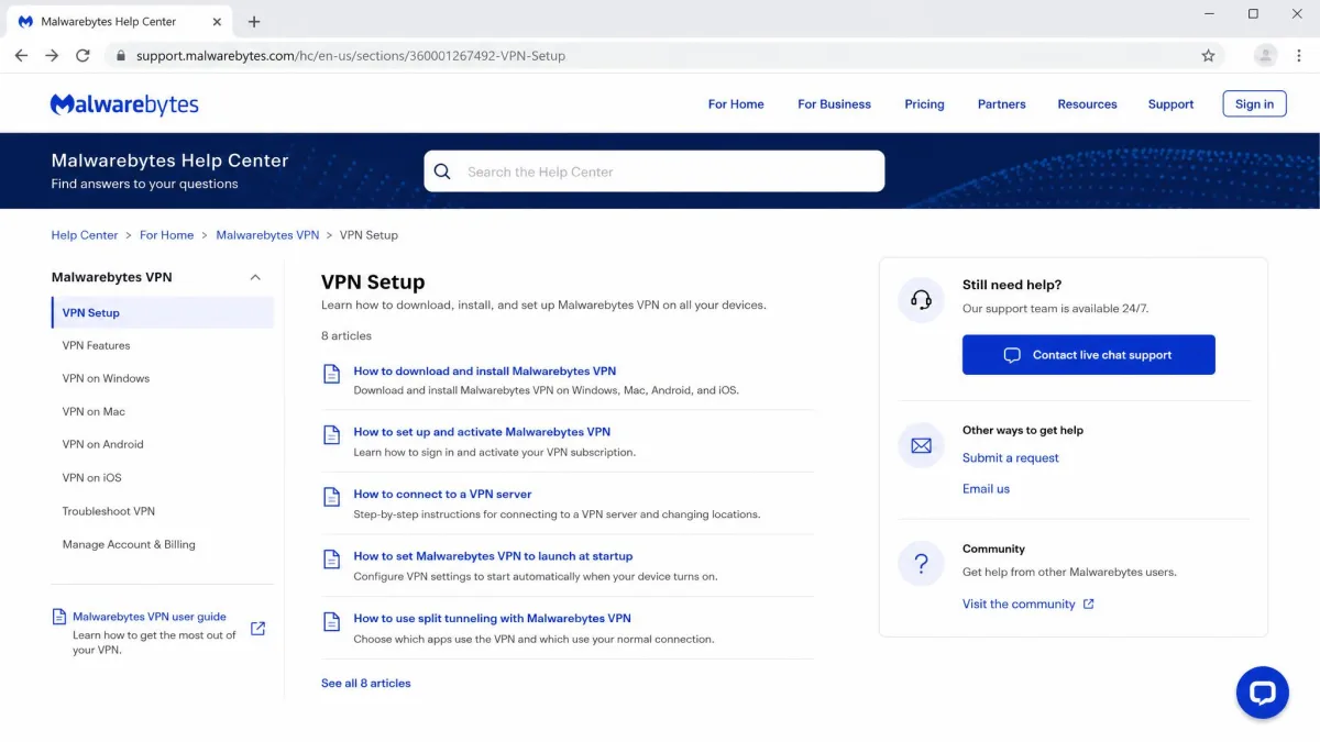 The Malwarebytes support help center page open in a browser, showing VPN setup articles and a link to contact live chat support.