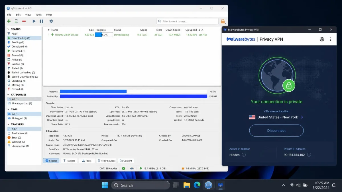 A torrent client downloading a file while the Malwarebytes Privacy VPN app shows an active connection, illustrating a P2P transfer running through the VPN.