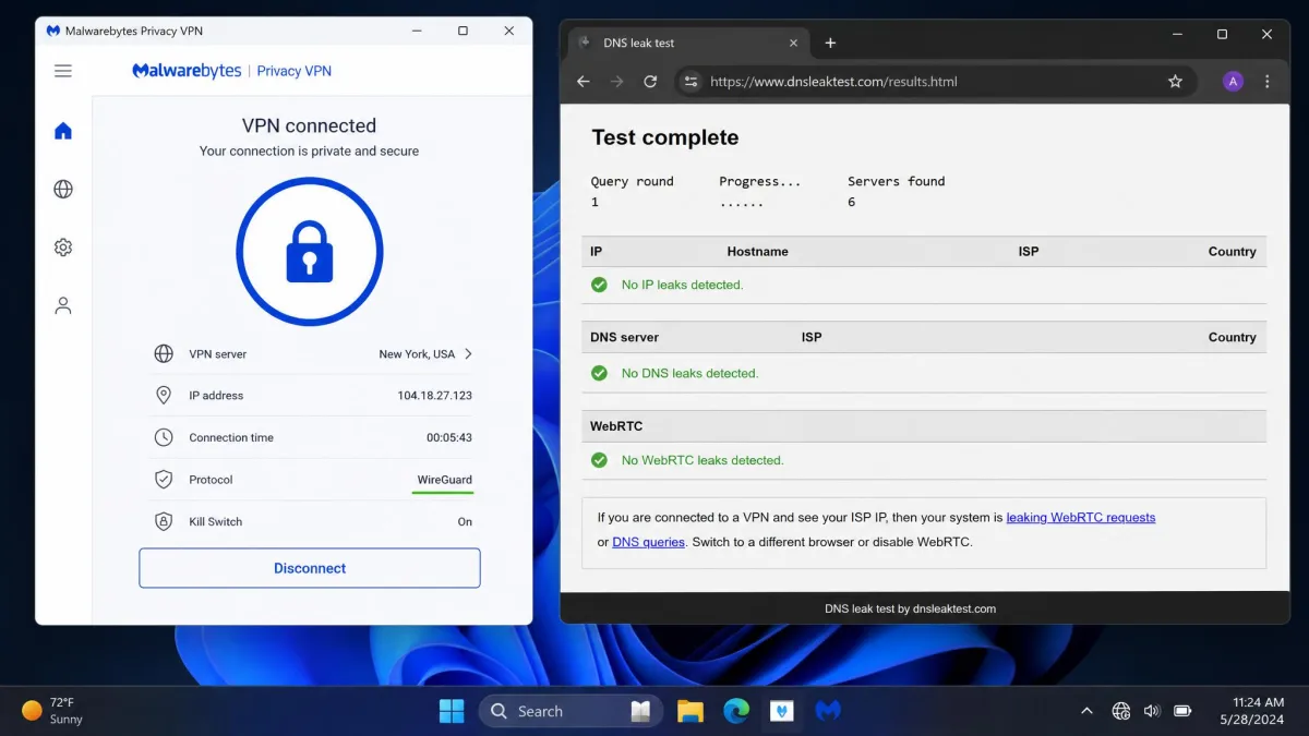 The Malwarebytes Privacy VPN app showing the WireGuard protocol in use and a leak-test browser tab confirming no DNS or IP leaks while connected.