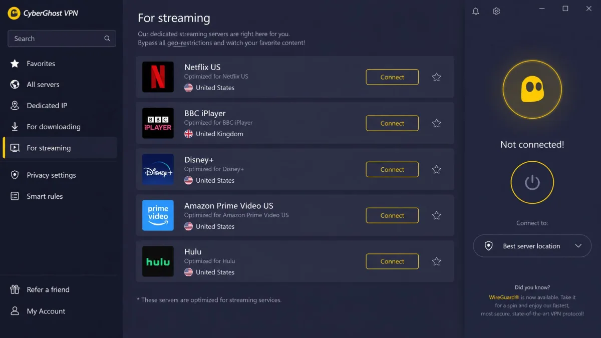 CyberGhost's app showing the For streaming tab, with servers labelled by service such as Netflix US, BBC iPlayer and Disney+, each with a connect button.