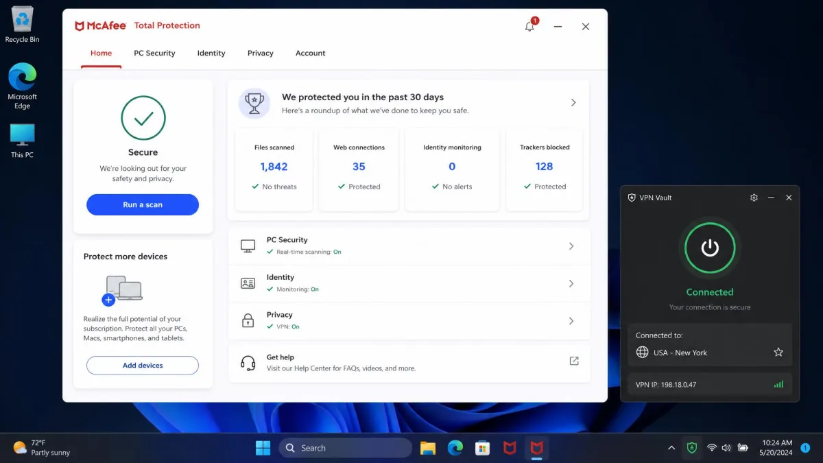 A Windows desktop with McAfee Total Protection's dashboard open and a separate VPN app connected in the system tray, showing both running at the same time.