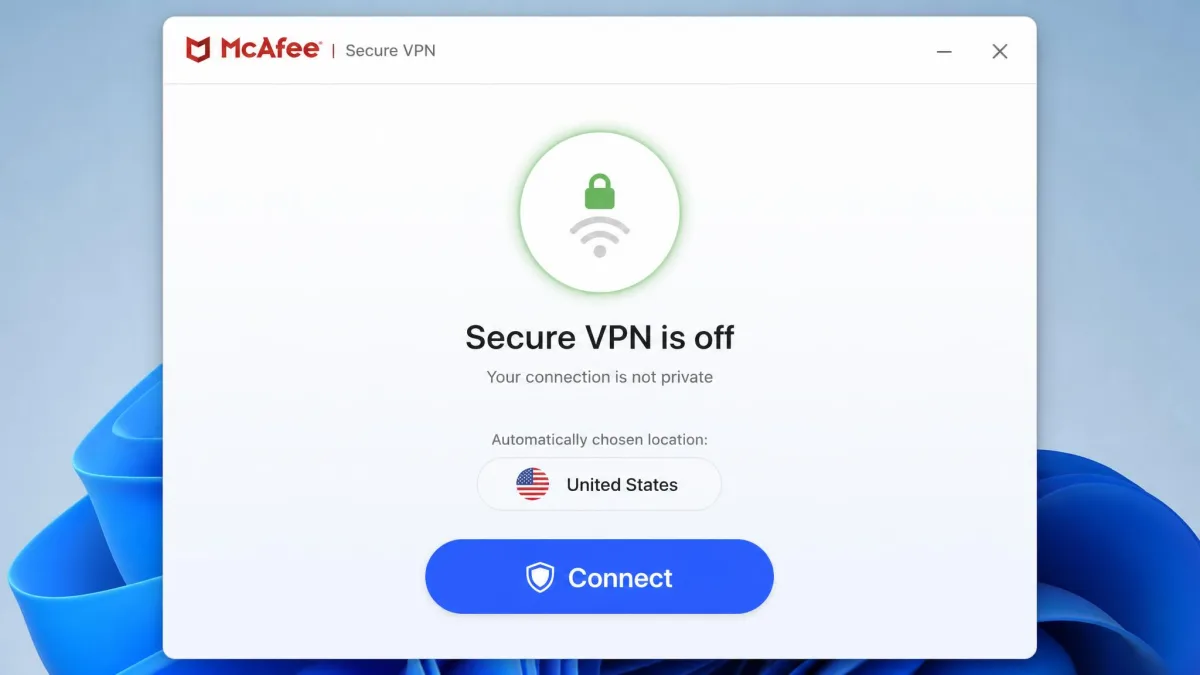 McAfee Secure VPN's Windows connection screen showing a single large connect button and the automatically chosen server location, with no protocol or server-list options visible.