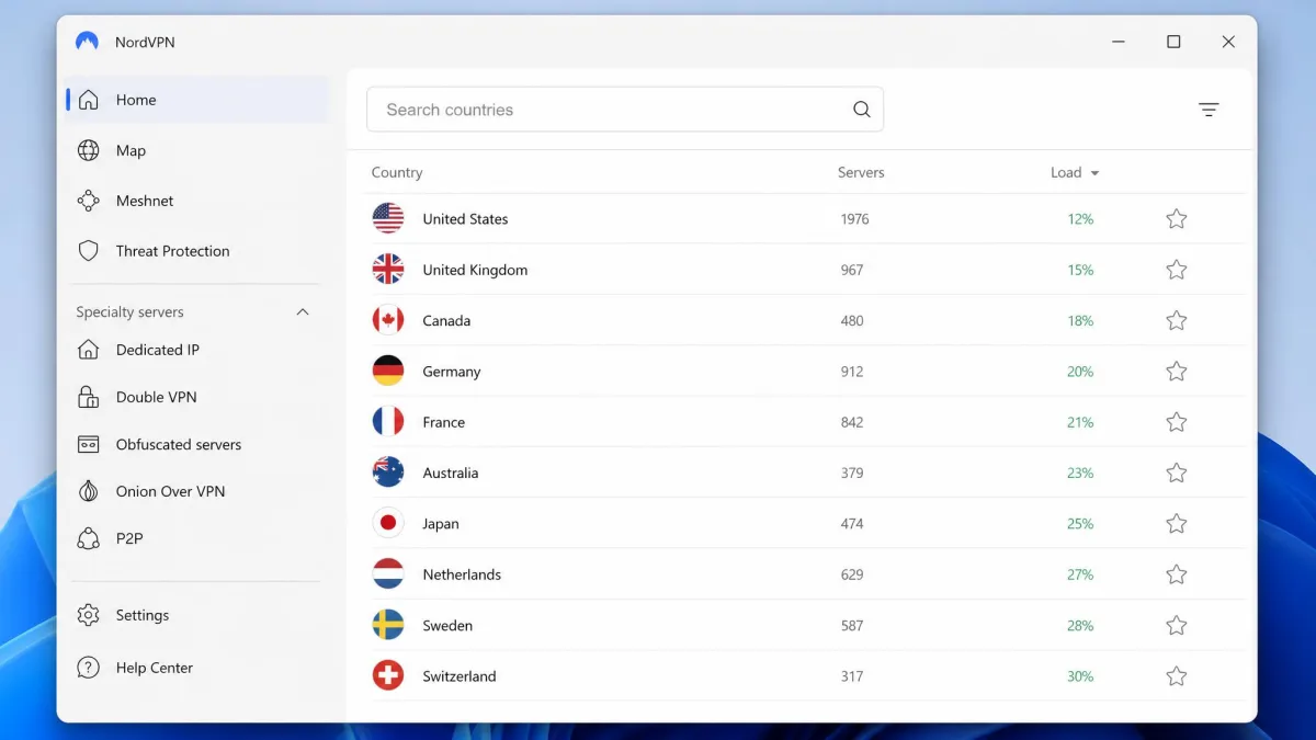NordVPN's Windows app in list view, showing country entries with a search bar at the top and specialty server groups such as Double VPN and P2P in the sidebar.
