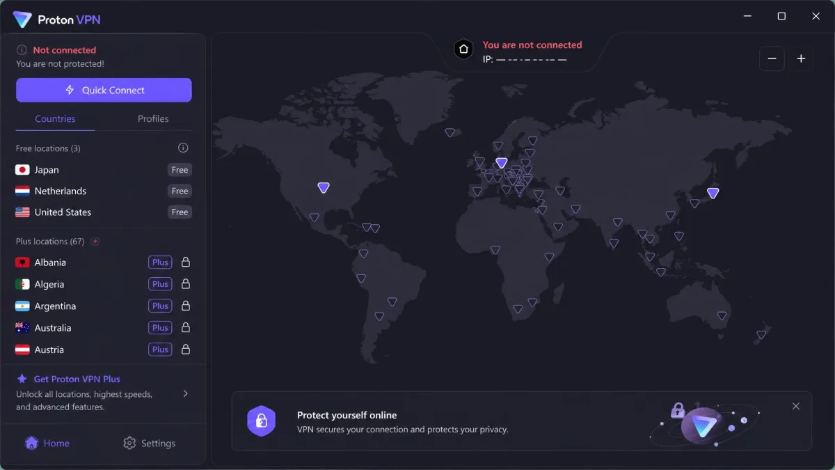 Proton VPN's desktop app on the free plan, showing the available free countries at the top of the list and locked paid locations with a Plus badge below them.