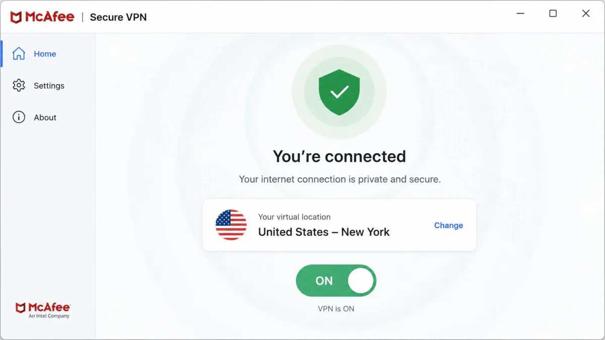 McAfee Secure VPN app on Windows showing a connected status with a green shield, the selected server location, and the single connect toggle in the center of the window.