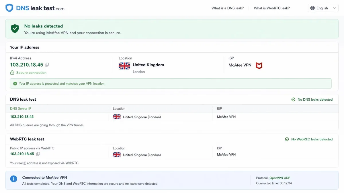 DNS and WebRTC leak test results page showing no leaks detected while connected to McAfee VPN, with the assigned VPN IP address matching the selected server country.