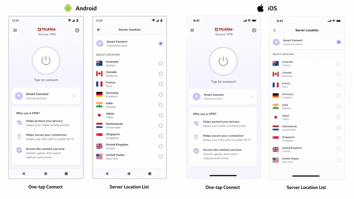 Side-by-side screenshots of the McAfee Secure VPN app on Android and iOS showing the simple one-tap connect screen and the server location list.