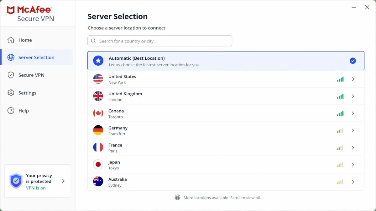 McAfee Secure VPN server selection screen listing available countries and a search box, with the automatic best-location option highlighted at the top.