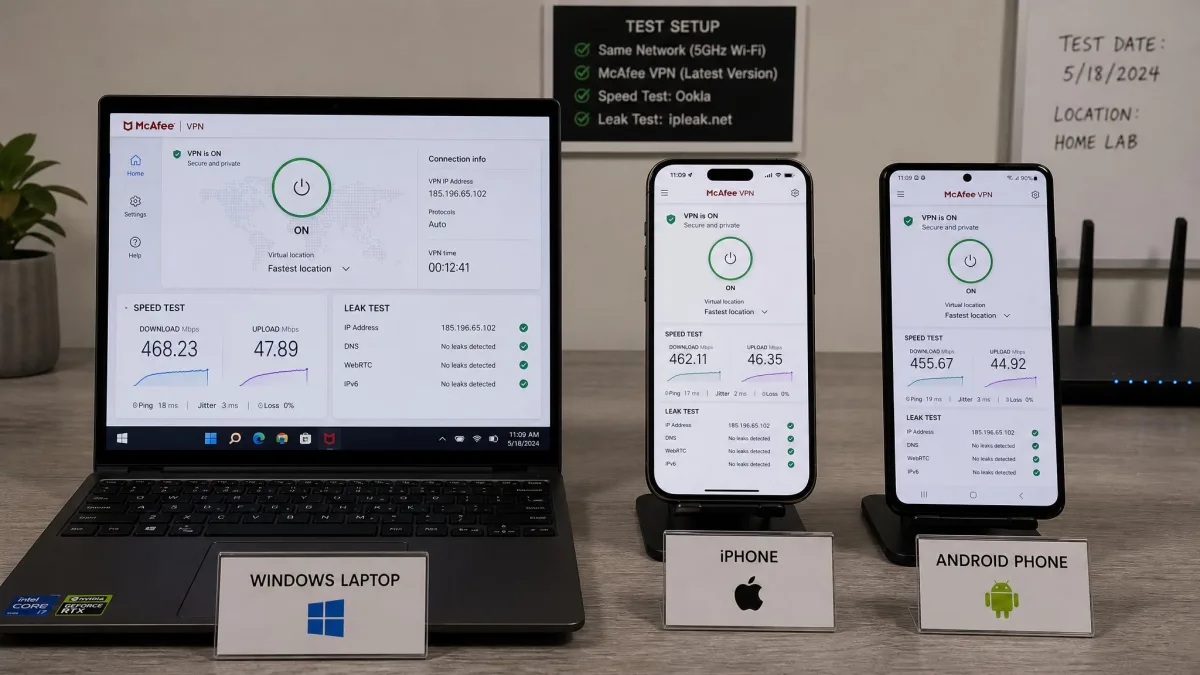 Testing bench showing a Windows laptop, an iPhone, and an Android phone side by side running speed and leak tests against McAfee VPN on the same network.