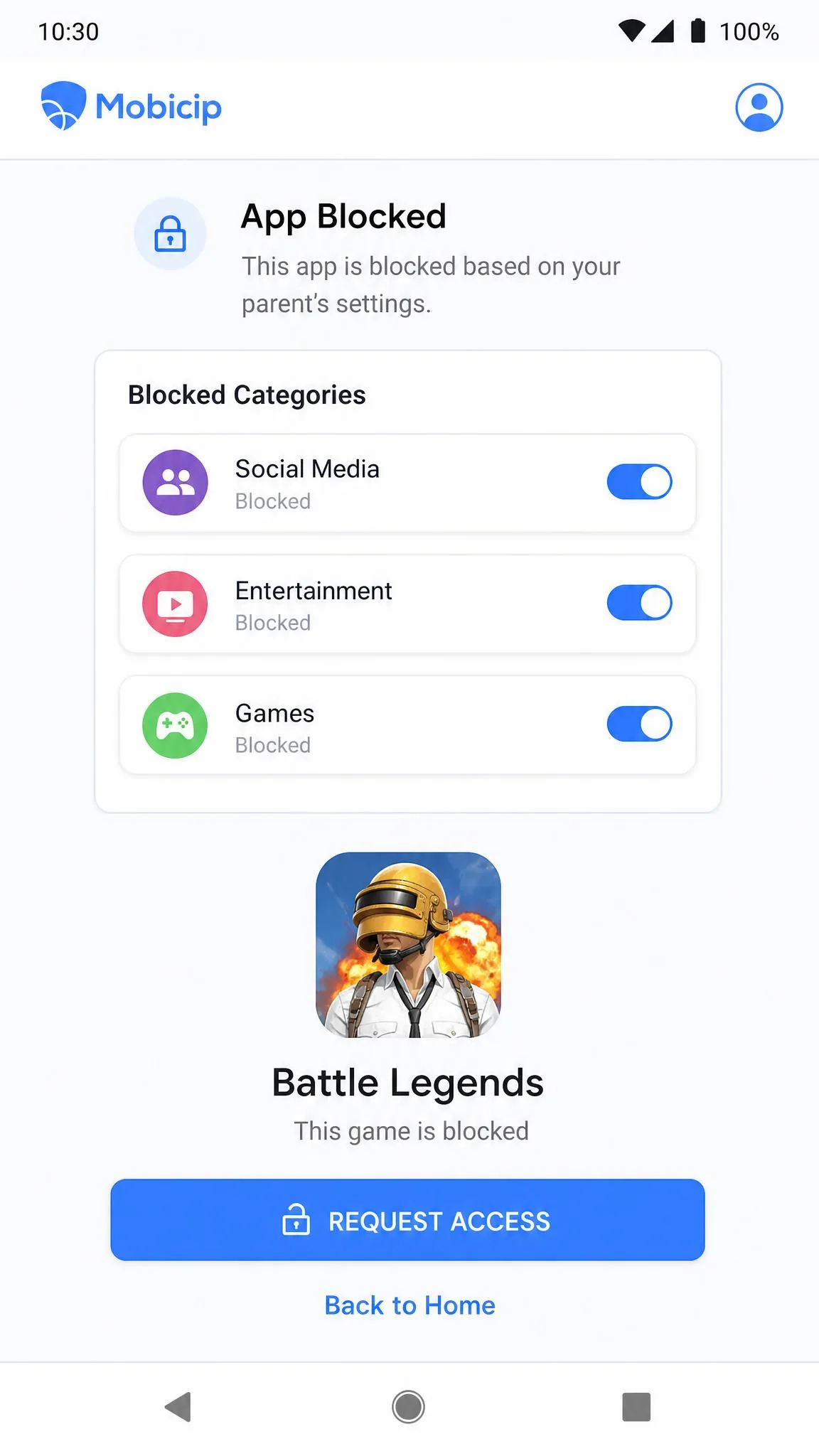 Mobicip's app blocking screen on Android showing the Social Media, Entertainment and Games categories with toggles, and a blocked game app displaying a request access button.