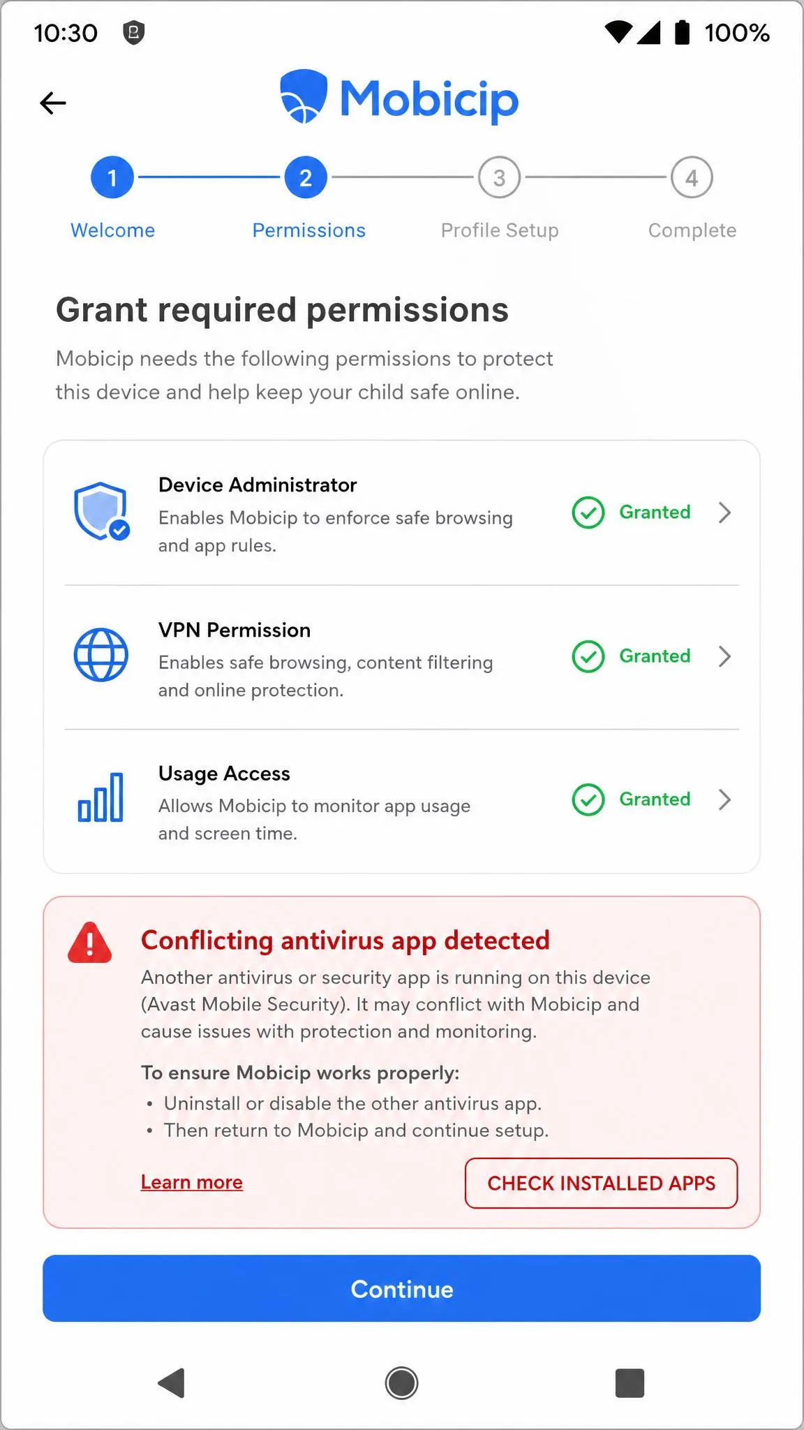 The Mobicip child device setup wizard on an Android phone showing the permission grant step and a warning about conflicting antivirus software.