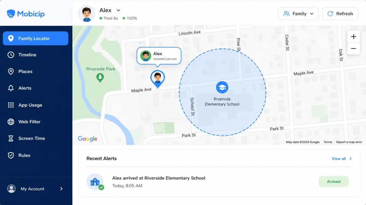 Mobicip's family locator map showing a child's live position on Google Maps with a circular geofence drawn around a school and a recent arrival alert listed beneath.