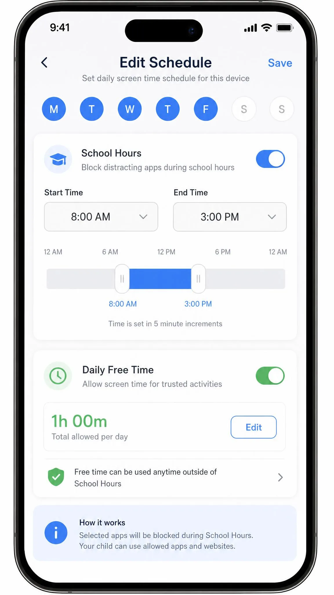 Mobicip's schedule editor on a parent phone showing a school-hours block set from 8am to 3pm in five minute increments, with a daily free time allowance below it.