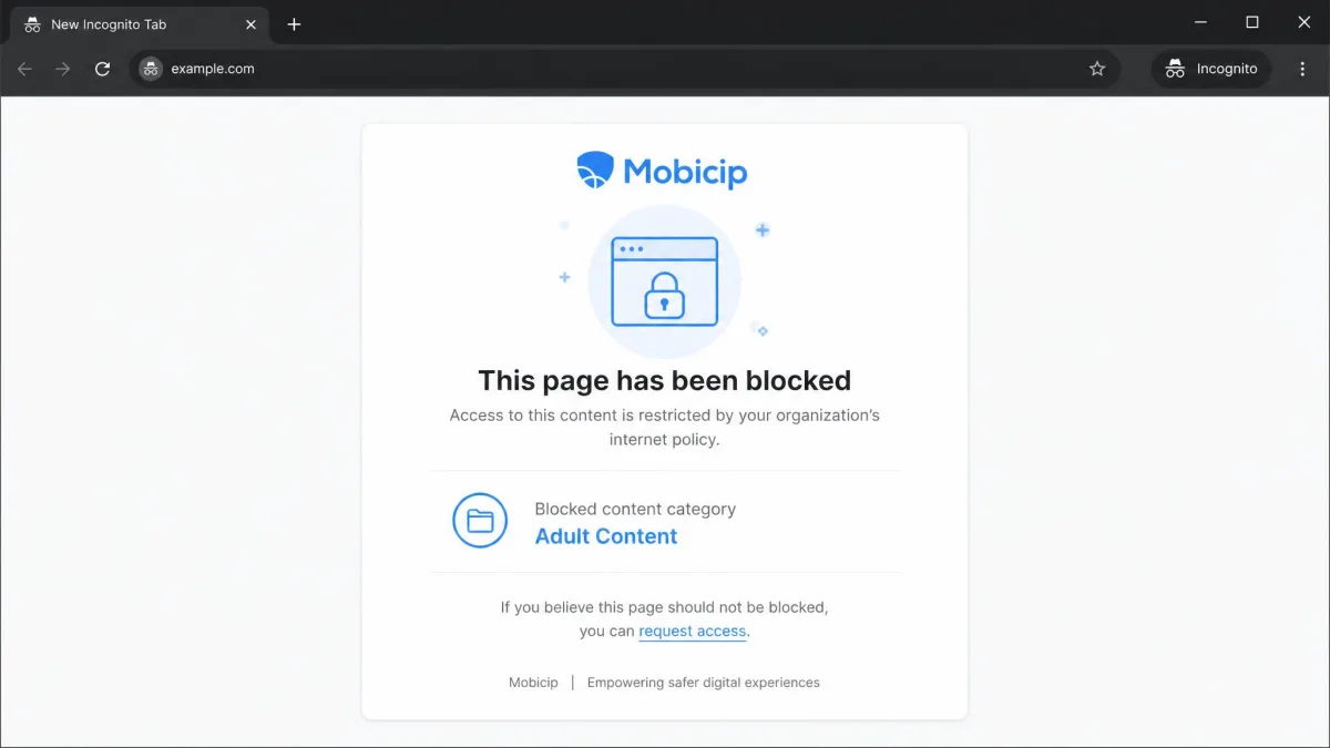 A Mobicip blocked page notice shown in a Chrome incognito window, naming the blocked content category and offering a request access link.