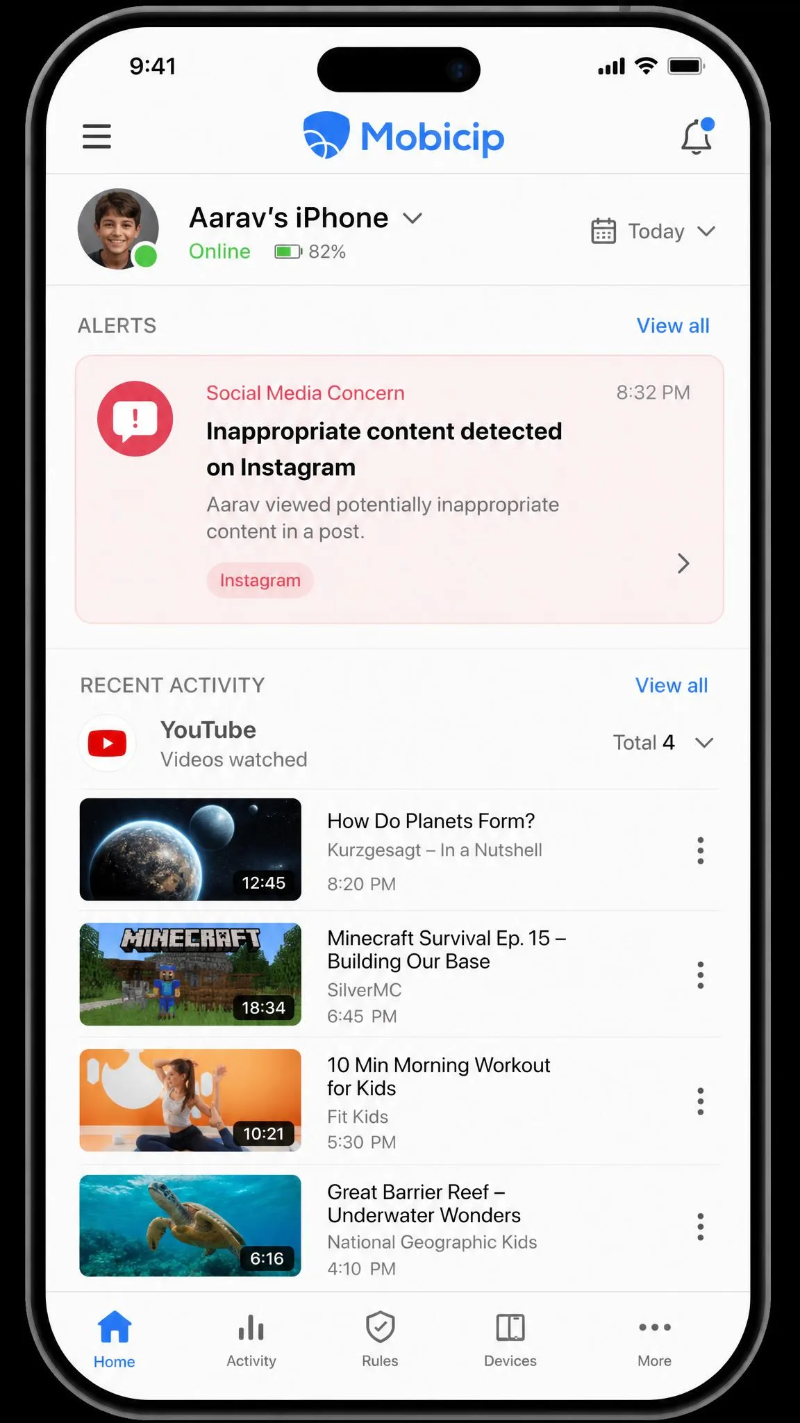 Mobicip alert feed on a parent phone listing a flagged social media concern alongside recent YouTube videos watched on a child device.