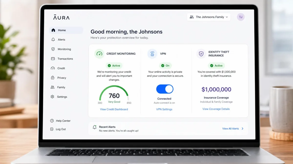 Aura's Family plan dashboard on a laptop showing credit monitoring status, VPN toggle and identity theft insurance coverage listed together in one panel.