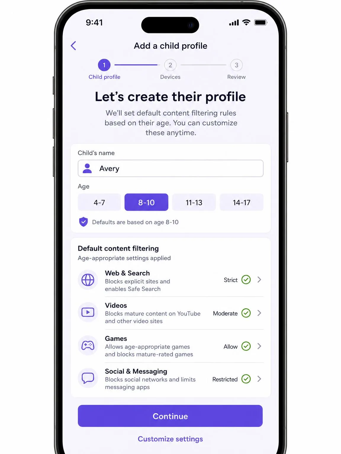 Aura's parental controls setup screen on an iPhone, showing the step that creates a child profile with age selection and default content filtering rules.