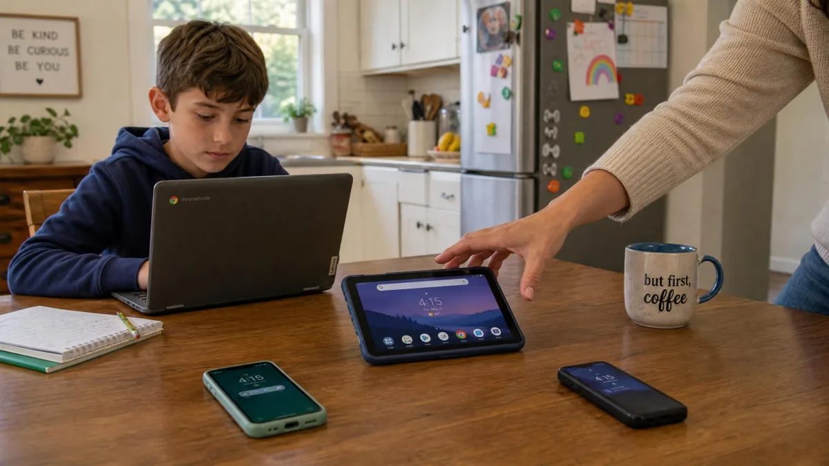 A kitchen table holding a Chromebook, an Android tablet and two smartphones, with a parent's hand reaching for the tablet while a child works on the laptop.