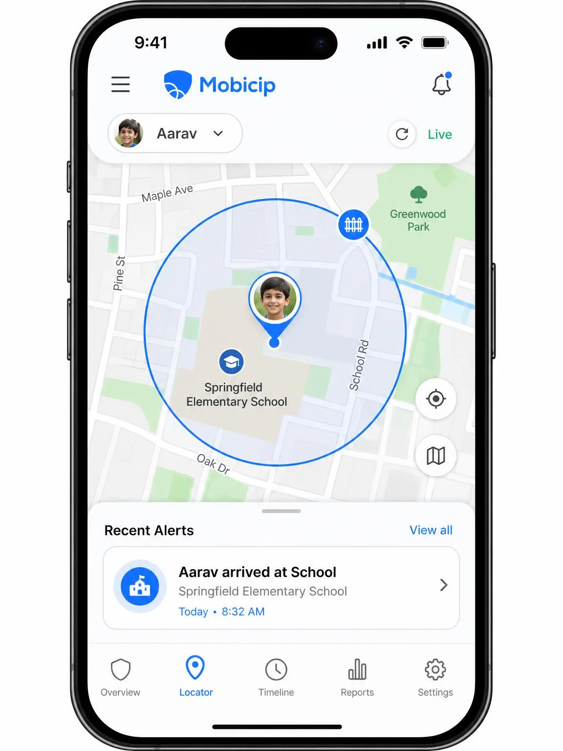 Mobicip's family locator map on a phone showing a child's pin at a school with a circular geofence zone drawn around it and a recent arrival alert listed below.