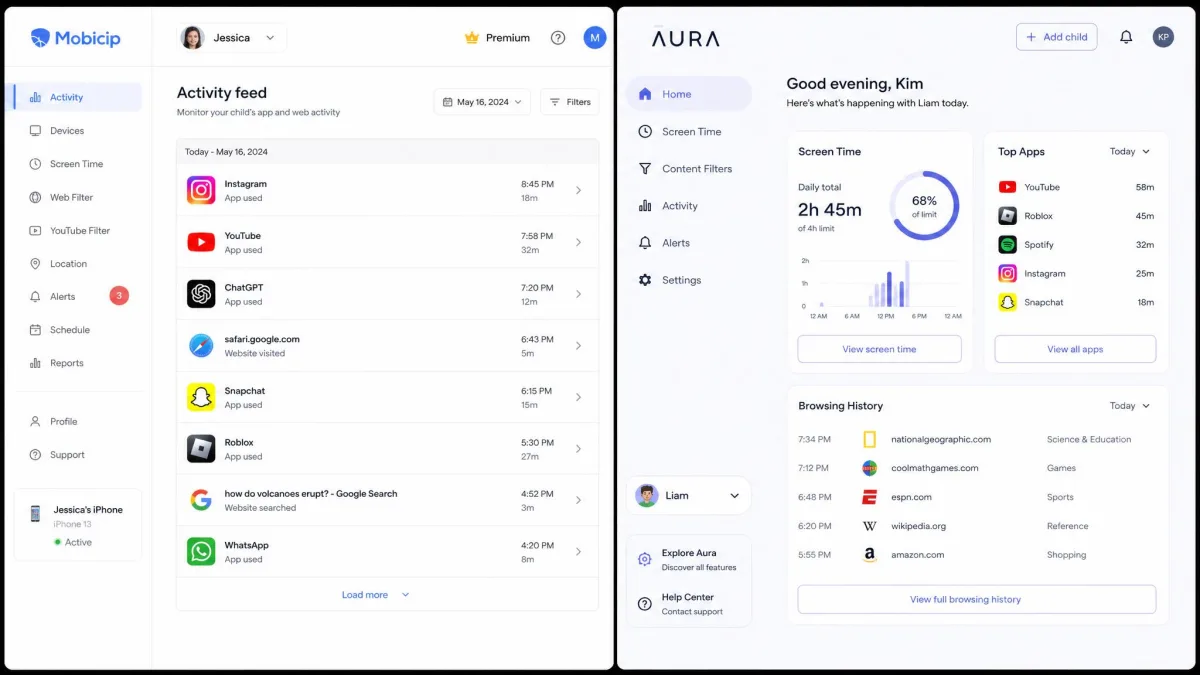 Two screens side by side, the left showing Mobicip's parent dashboard with a child's daily app activity feed and the right showing Aura's parental controls dashboard with screen time and browsing history cards.