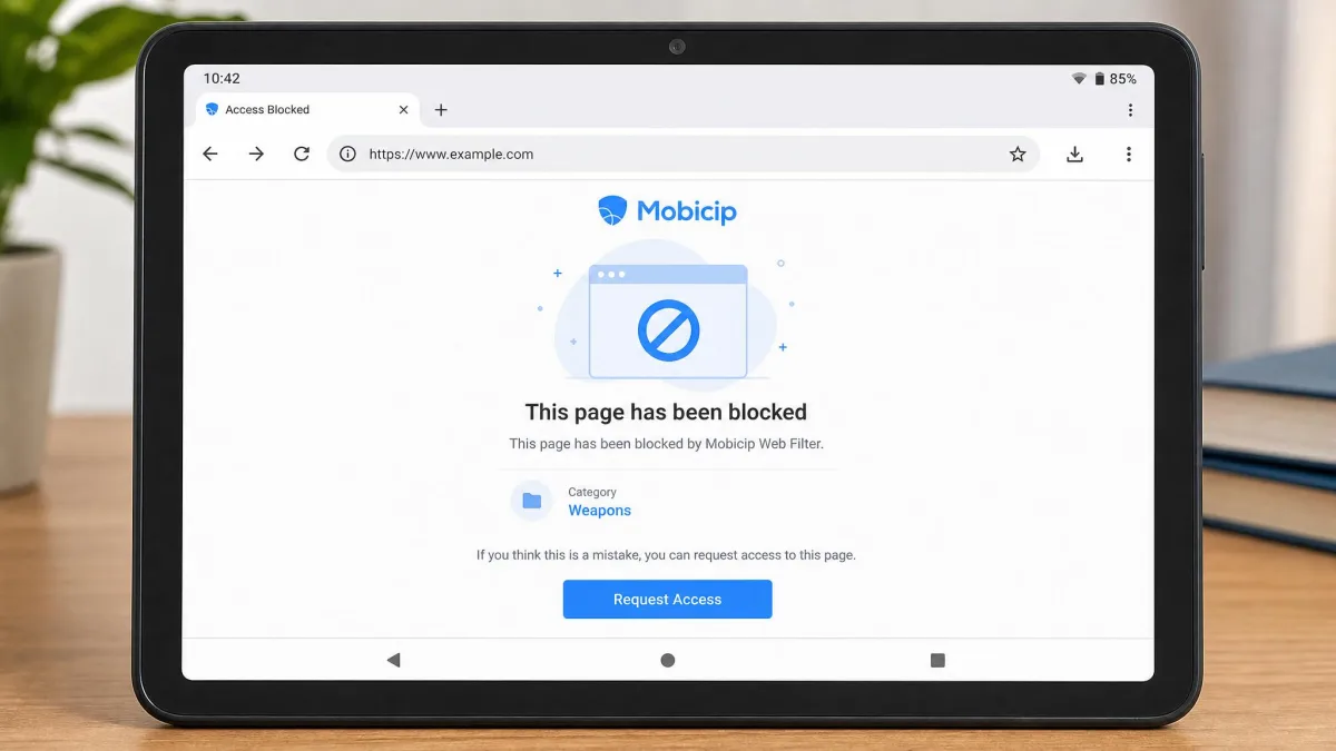 An Android tablet displaying Mobicip's blocked-page screen in a browser, with the category reason shown and a request-access button beneath it.