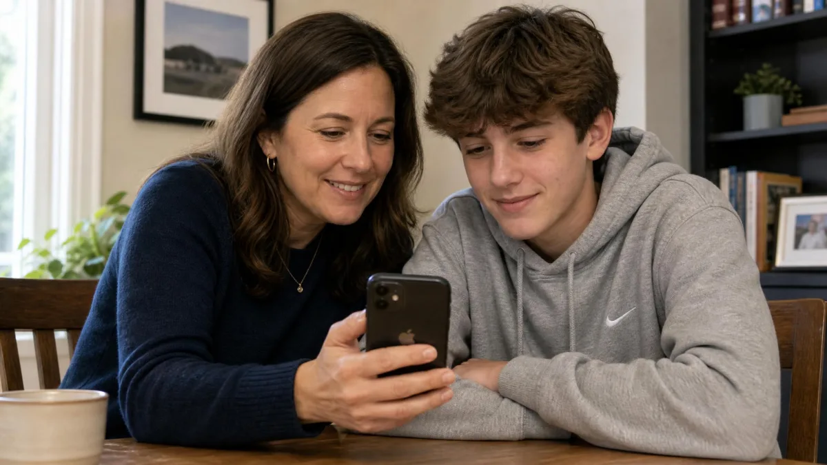 A parent and a teenager sitting together at a table looking at a weekly screen time report on a phone, with the app-by-app breakdown visible on the screen.