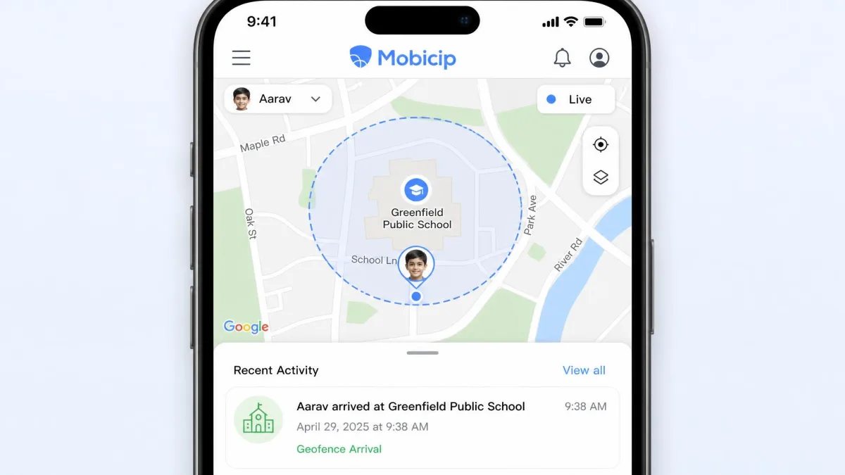 Mobicip's family locator map on a phone showing a child's live pin near a school, with a circular geofence zone drawn around the building and a recent arrival alert listed below.