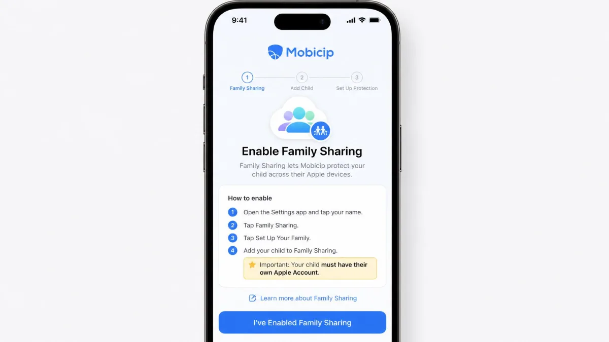 An iPhone showing Mobicip's setup screen prompting the parent to enable Family Sharing, with the child Apple account requirement highlighted in the instructions.