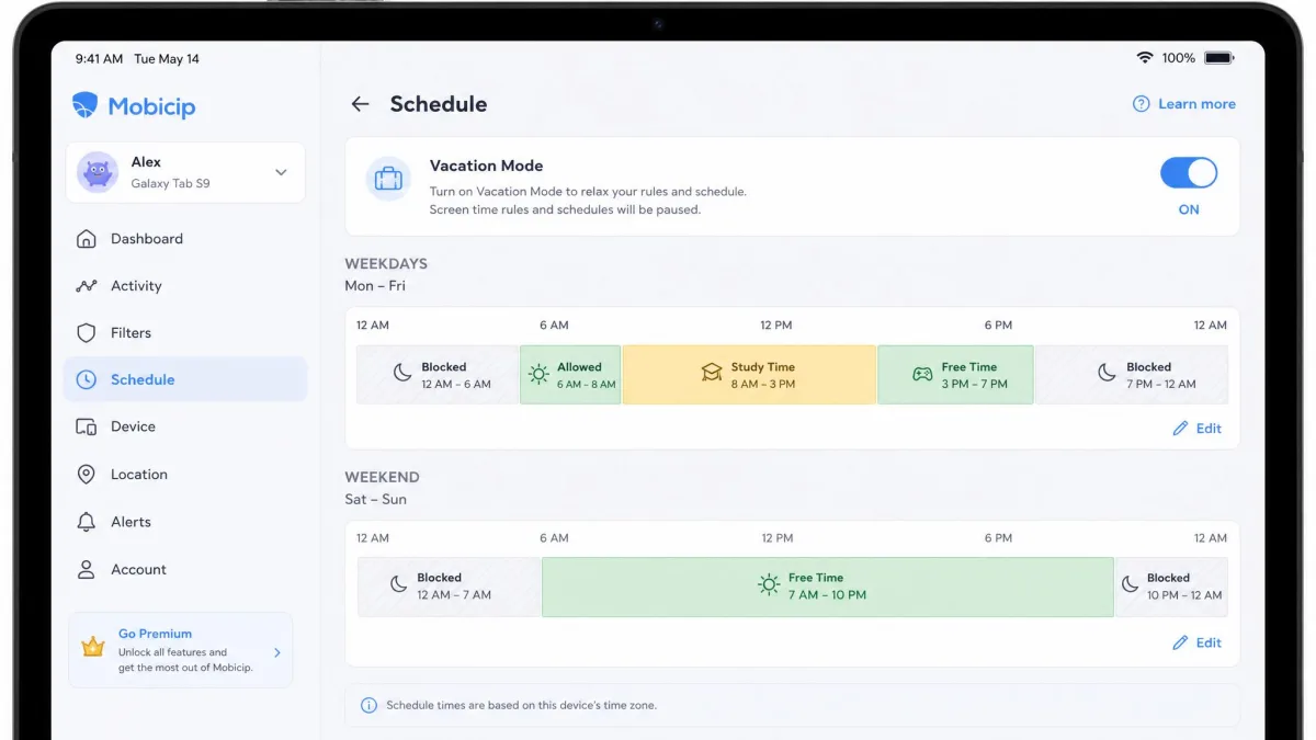 Mobicip's schedule editor on a tablet showing weekday and weekend screen time blocks, with the Vacation Mode toggle switched on at the top of the panel.
